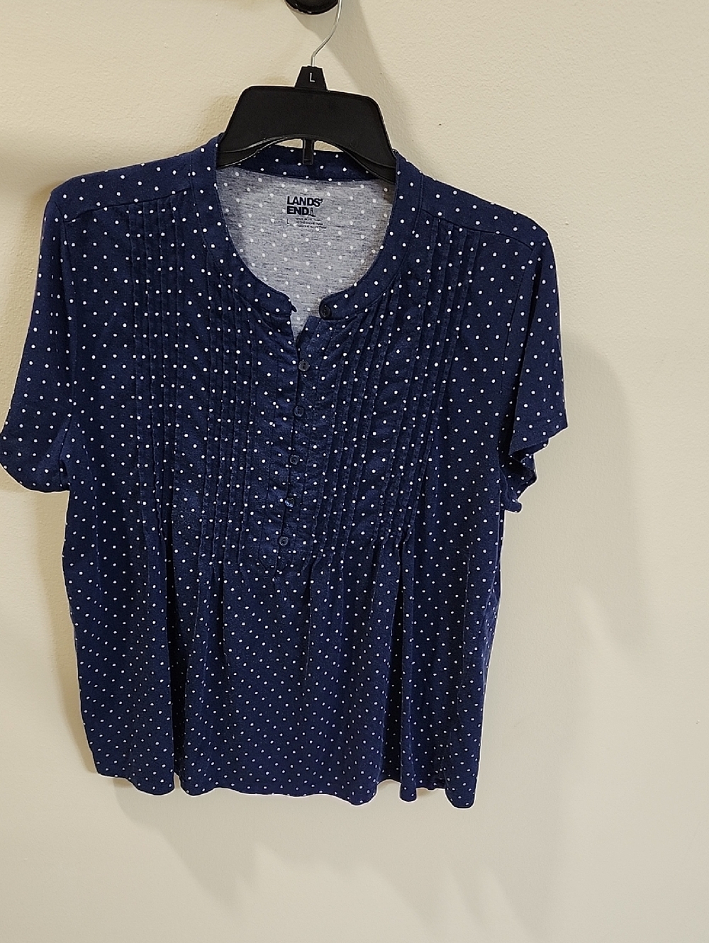 Lands' End Navy Blue Polka Dot Short Sleeve Blouse